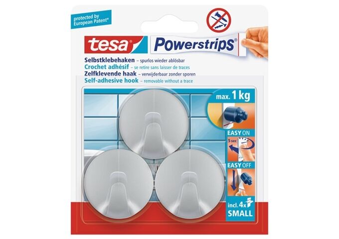 Tesa Powerstrips Haken Small rund,matt chrom, 3 St
