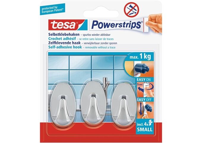 Tesa Powerstrips® Haken Small Oval, chrom 3 Stück